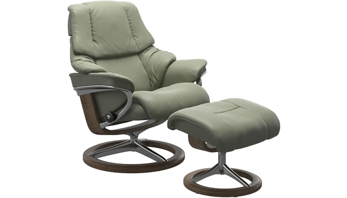 Stressless Reno with Signature Base and Stool in Paloma Shadow Green Leather